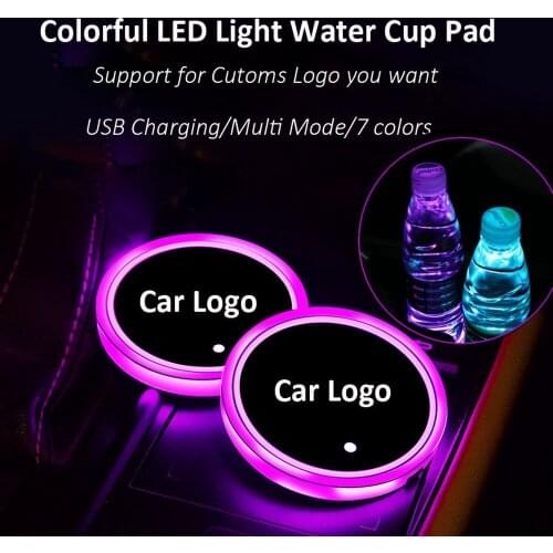 2pcs LED Car Logo Water Cup Pad Lights For F-ord N-issan C-hevrolet B-uick P-eugeot 7 Colors Atmosphere Light LED USB Chargert