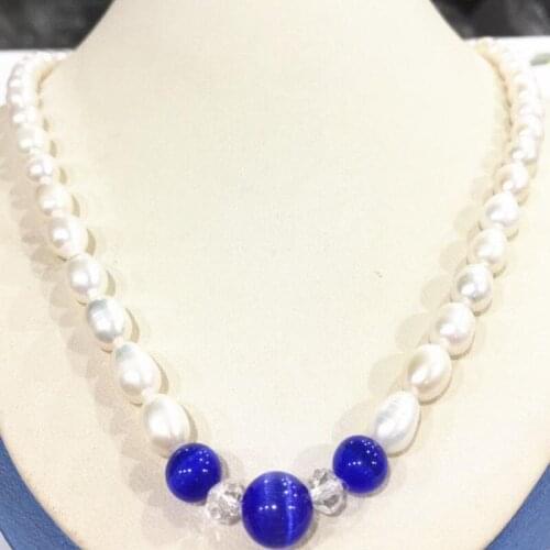 7-8mm akoya freshwater Rice pearl & Dark blue opal necklace