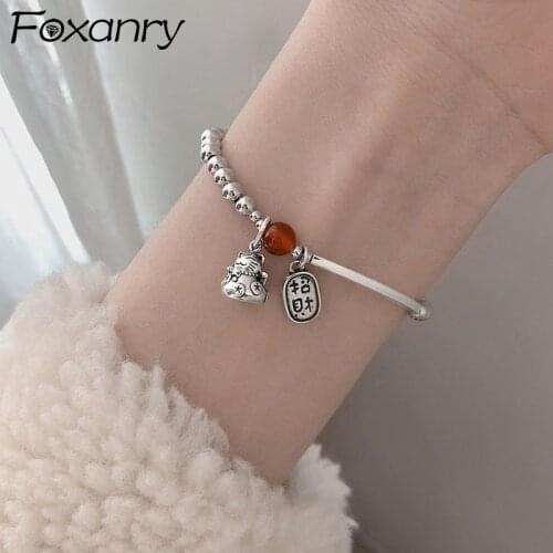 FOXANRY 925 Sterling Silver Red String of Beads Bracelets 2021 Trendy Elegant Vintage Creative Cat Pendant Girls Party Jewelry