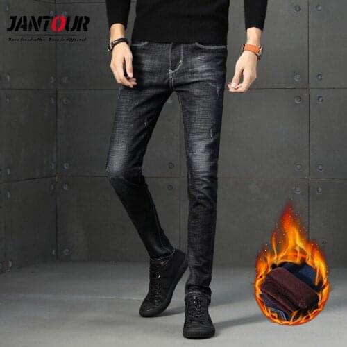 Brand 2021 Men Fashion Winter Jeans Men Black Color Slim Fit Stretch Thick Velvet Pants Warm Jeans Casual Fleece Trousers Male