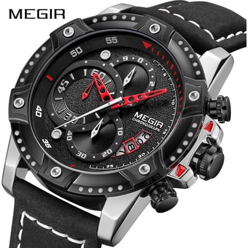 MEGIR Big Dial Creative Watch Men Waterproof Leather Watches Top Brand Original Chronograph Sport Clock Male Relogio Masculino