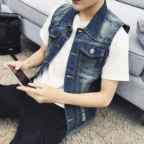 Wholesale 2020 New Korean washing mens cowboy mens denim vest shoulder embroidery casual teenagers biker sleeveless vest