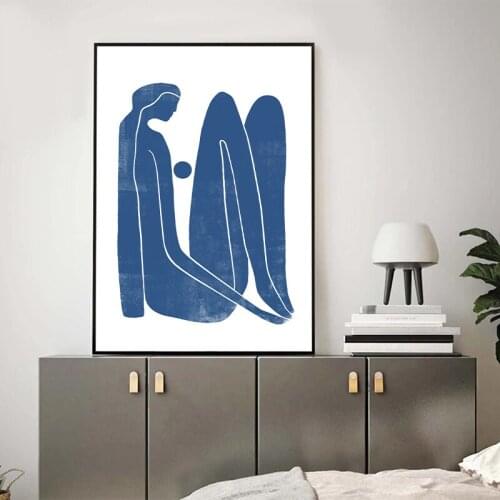 Thinking Blue Woman Figure Art Print A figurative illustration Poster Modern Mid Century Wall Art Canvas Painting Picture Decor