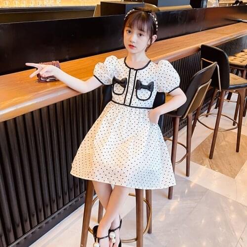 Teen Girls Dress Elegant Puff Sleeve Summer Dot Princess Dress Schoool Party Clothes Teenager Kids Dress for Girls 4 To 14Years