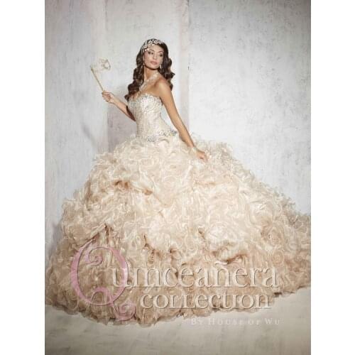 Stunning Champage vestidos de quinceanera 2019 Masquerade Ball Gowns Ruffle Heavy Crystals vestido de 15 anos Custom CH-1533