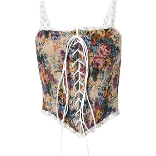 Vintage Print Sexy Corset Crop Top Womens Summer Floral Slim Bustier Band Tank Tops Fashion with Straps for Party