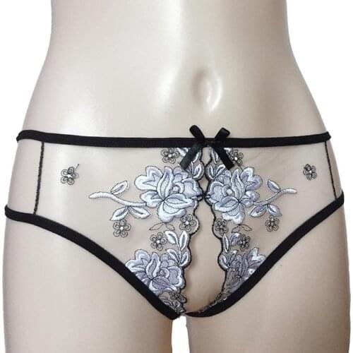 Sexy Lingerie Fashion Sheer Floral Embroidery Open Crotch Hollow Out Thong T-Back Underwear Under Pants Erotic Lingerie Outfit