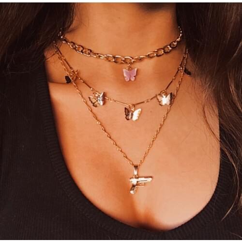 VKME Vintage Multilayer Butterfly Chain Necklace For Women Fashion Gun Pendant Choker Necklaces Statement Bohemian 2021 Jewelry