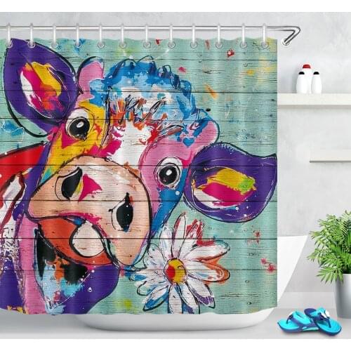 Graffiti Design Flower Cow Shower Curtain Rustic Wooden Plank Bathroom Curtains Polyester Fabric Bath Curtains Home Decor