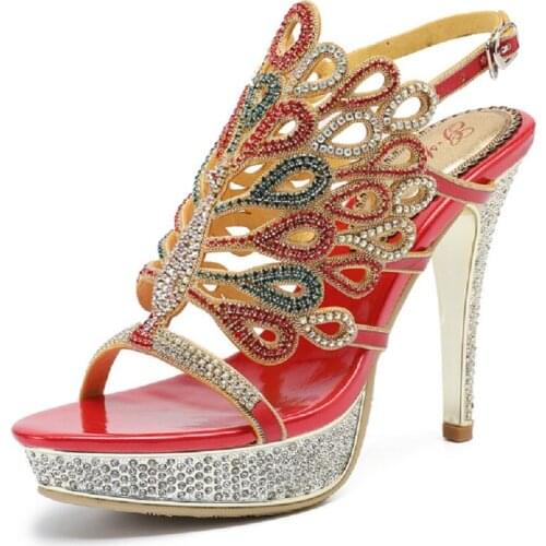 Women Genuine Leather Chunky Sole High Heels Open The Toe Sandals Lady Real Leather Thin Heels Crystal Summer Shoes 20180709