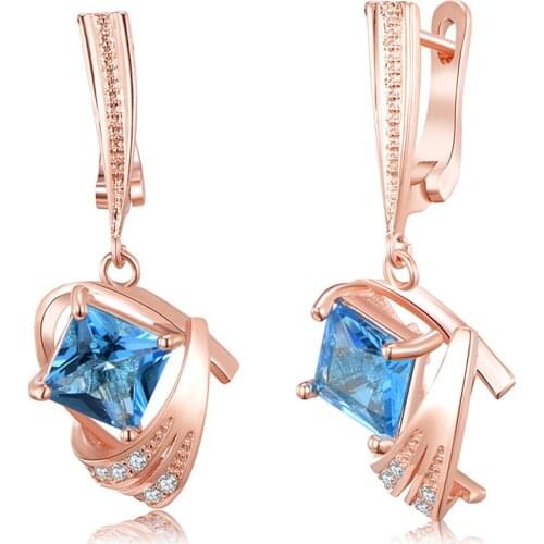Blue crystal aquamarine gemstones zircon diamonds drop earrings for women rose gold color clip on pendientes jewelry bijoux gift