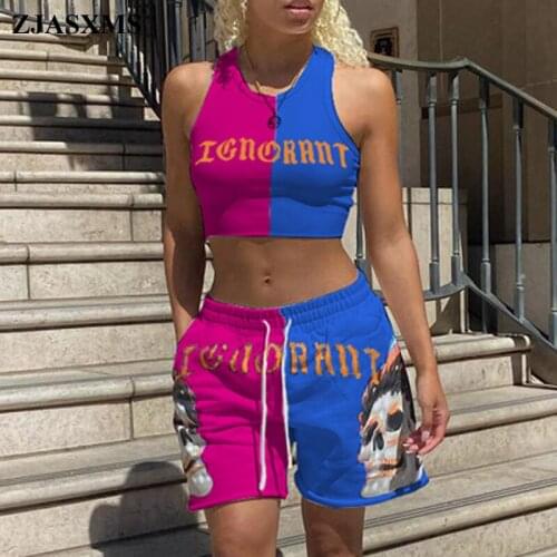 Halloween Skull Letter Print Sportswear Set Women O Neck Sleeveless Vest Top + Drawstring Shorts Tracksuits Spring Summer 2 Suit