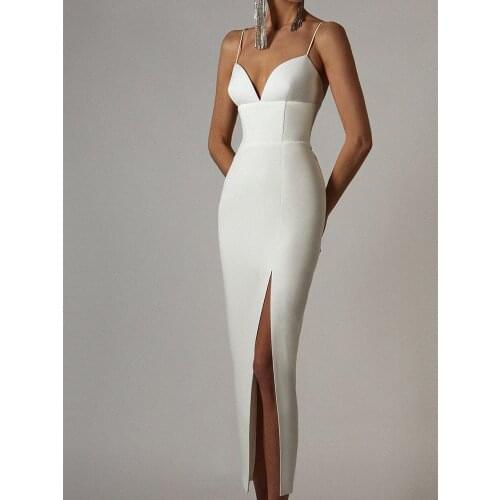 Grosfairy 2021 New Summer Women Sexy White Bodycon Bandage Dress V Neck Spaghetti Strap Club Celebrity Formal Evening Party