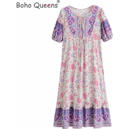 Boho Queens women Floral print botton front beach Bohemian maxi dress Ladies cross V neck cotton happie sundress vestidos