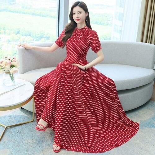 2021 New Slim Over The Knee Polka Dot Chiffon Dress Short Sleeve Long Summer Dress Elegant Big Swing Retro French Robes zh1322