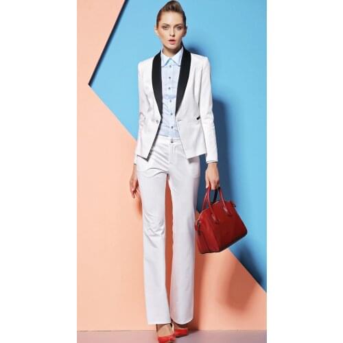 2015 New Elegant White Formal Women Pants Suits for Office Ladies Long Sleeve Professional Uniforms Sets
