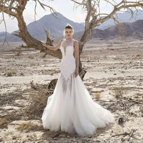 2018 Fashion Mermaid Wedding Gowns Sheer Neck Pearls Robe de mariee Boho Beach Bridal Gowns Engagement Dresses Vestido de noiva