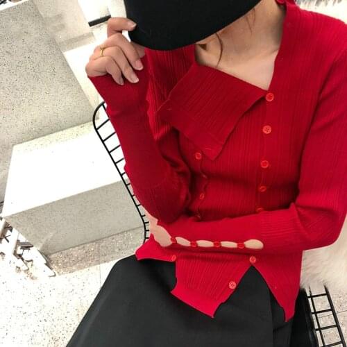 Patchwork Buttons T Shirt For Women O Neck Long Sleeve Slim Knitting Pullover Hollow Out T Shirts Female 2020 New Clothing K861