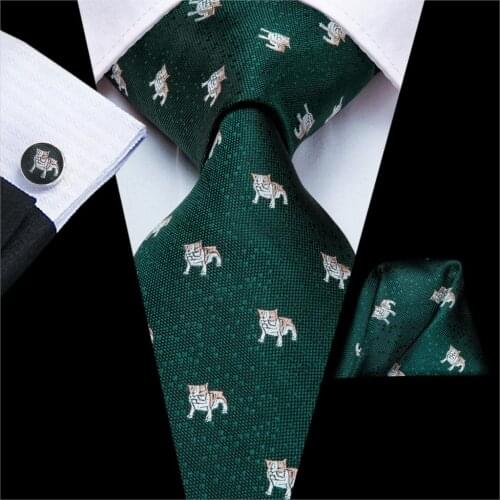 Hi-Tie Green Cartoons Print Silk Ties For Men Hanky Cufflinks Set Bulldog Style Mens Tie Gift For Men Fashion Jacquard Gravata