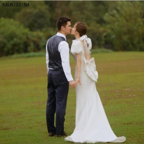 KAUNISSINA Simple Satin Wedding Dresses Puff Sleeve Backless Bowknot Bridal Gown Sweep Train Bride Dress Vestidos Custom Size
