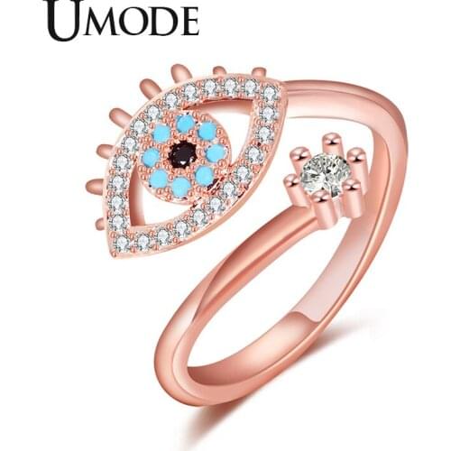 UMODE New Paved CZ Crystal Evil Eye Rings for Women New Clear Round Zircon Rose&White Gold Heart Charm Ring Jewelry AUR0499