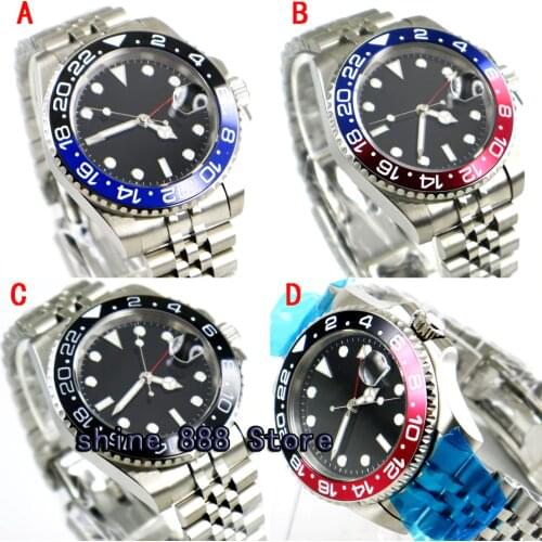 40mm parnis black sterile dial date GMT sapphire glass automatic mens watch