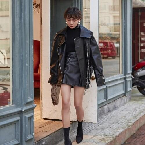 New Womens PU Leather Loose Short Jacket Lapel Motorcycle Coats Moto Biker Style Outwear Chains Black Apricot Y835