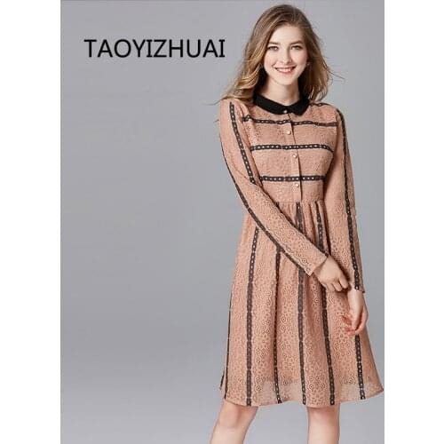 TAOYIZHUAI 2019 New Arrival Autumn Fashion High Street Stripe Plus Size L Fit Apricot Loose Water Souble Women Lace Dress 14248
