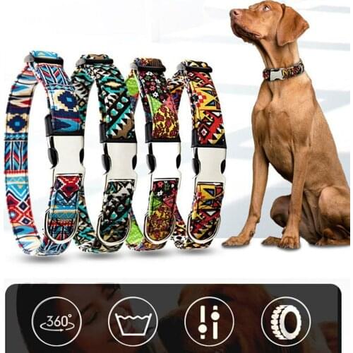 New Retro Bohemian Pet Collar Necklace Double Colorful Fabric Nameplate Reflective For Bulldog Corgi Shiba Bohemian Metal Buckle