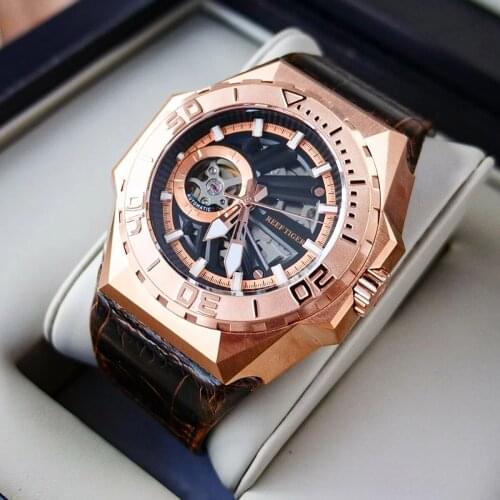 Reef Tiger/RT Men Dive Sports Watches Rose Gold Automatic Mechanical skeleton Watches Leather Strap Sapphire Glass Watch