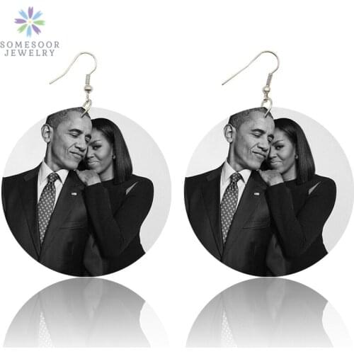 SOMESOOR Proud Black President Miss Obama African Wooden Drop Earrings Both Sides Printed Afro Heros Designs For Women Gifts
