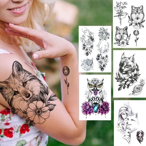 Wolf Flower Temporary Tattoos For Women Men Adult Black Fox Owl Deer Cat Tattoo Sticker Body Art Painting Fake Animal Tatoo DIY