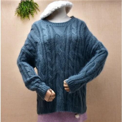 Female women winter clothing angora rabbit fur knitted braid twist long sleeves o-neck loose pullover angora fur jumper sweater