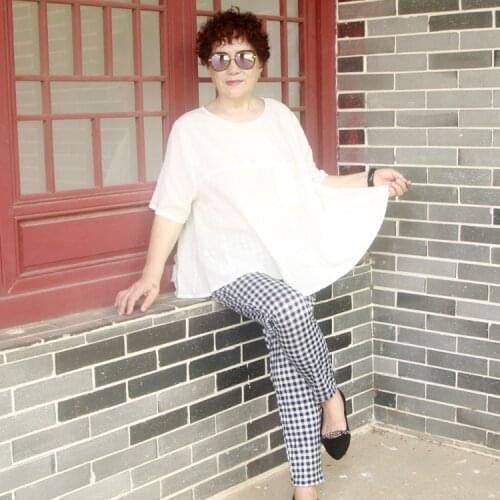 Elegant short sleeve white tops and plaid pants outfits for women 5xl 6xl 7xl plus size summer casual loose two piece set H394