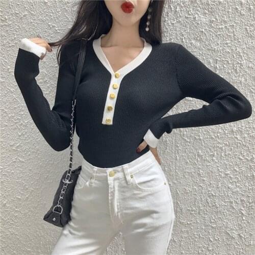 Women Sweater And Pullover 2020 New Autumn Winter Button V Neck Tops Slim Knitted Pullovers Long Sleeve Shirt Jumper Female