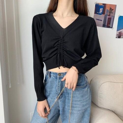 Women Knitted V-neck Full Sleeve Draw String Sweaters Pullovers Female Knitting Soft Sweater Top for Female Autumn Tops