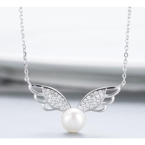 MADALENA SARARA Sterling Silver S925 9-10mm Freshwater Pearl Pendant Women Necklace Cubic Zirconia Angle Wings Chain Necklace