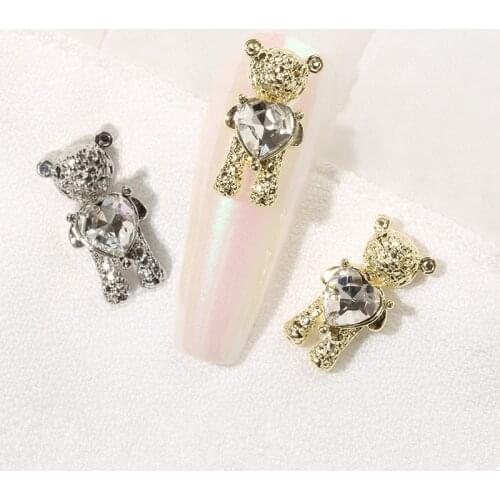 10 Pcs Alloy Bear 3D Nail Art Decorations With Shiny Heart Crystal Luxury Jewelry Manicure Design Accessories