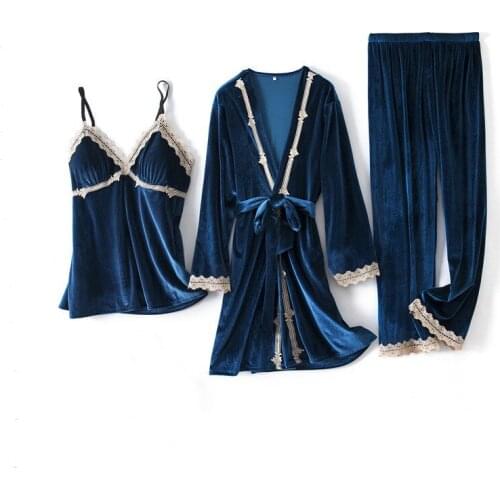 3 Pcs Pijamas Sleep Suit Velour Autumn Home Wear Pajamas Sets Womens Casual Sleepwear Lounge Chest Pads Nightsuits Sexy Negligee