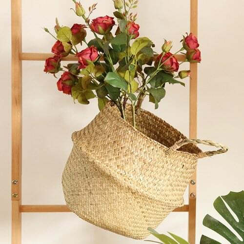 Handmade Bamboo Storage Basket Folding Clthoes Laundry Basket Straw Wicker Rattan Seagrass Belly Garden Flower Pot Plant Basket