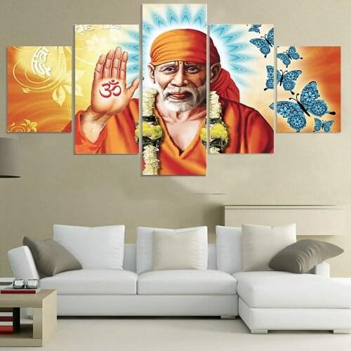 Canvas Painting Wall Art with Frame 5 pieces Shirdi Sai Baba Hinduism Hindu Sage Paitings Poster For Living Room Home Decor