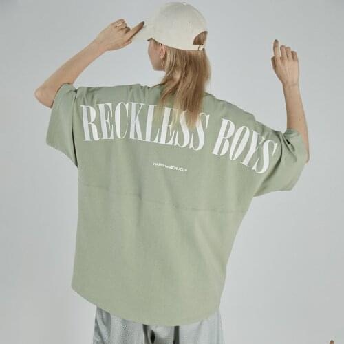 Summer trend loose mens and womens short sleeves INS Hong Kong wind fall shoulder cuff large size casual sports couples T-shir