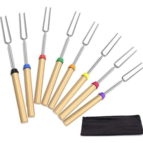8pcs Barbecue Fork Set with Storage Bag Telescopic Marshmallow Sausages Hot Dogs Vegetables Roasting Sticks Accessory