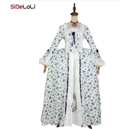 Renaissance Blue Floral Rococo Marie Antoinette Dress Gothic Victorian Ball Gown Costume Historical Victorian Period Dresses