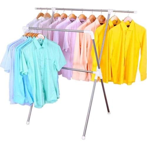 Folding Laundry Drying Rack Stainless Steel Indoor Outdoor X-Shaped Double Pole Clothes Hanger Telescopic Rod Rail DQXM80