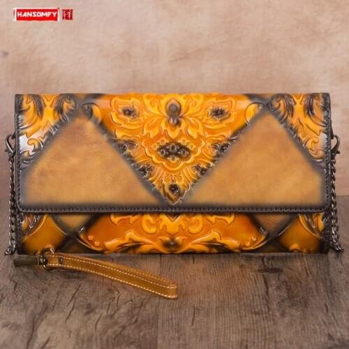 Vintage Leather Women Clutch Bag Female Chain Messenger Bag Soft Large Capacity Phone Wallets Genuine Leather Zipper Cowhide