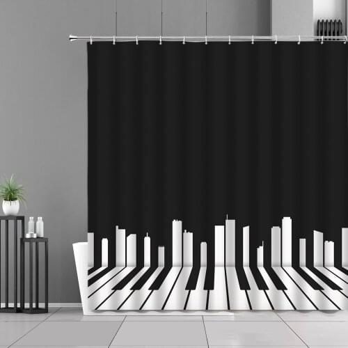 Rock Music Shower Curtain Musics Notation Piano Keys Pattern Bathroom Curtains Waterproof Home Decor Background Wall Cloth Hooks