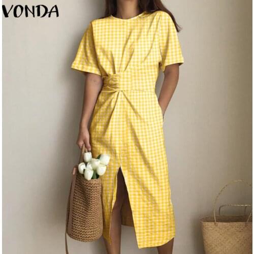 2021 Summer Dress Women Vintage Shorts Sleeve Checked Plaid Party Dresses VONDA Casual Vestido Plus Size Sundress S-5XL