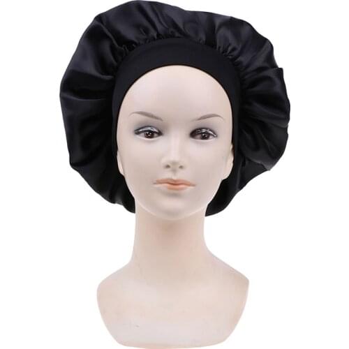 58cm Long Hair Care Women Satin Bonnet Cap Night Sleep Hat Silk Head Wrap Adjust Shower Caps Knitted Cap Solid Color