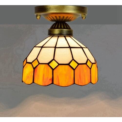 8-Inch 20cm Tiffany Colored Glass Corridor Balcony Small Ceiling Lamp Mediterranean Yellow and White Grid